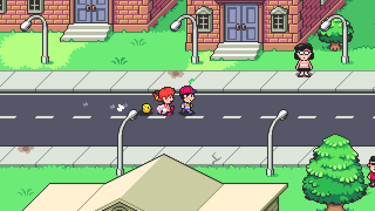 Ninten, Pippi, and the Canary Chick running around the streets of Podunk