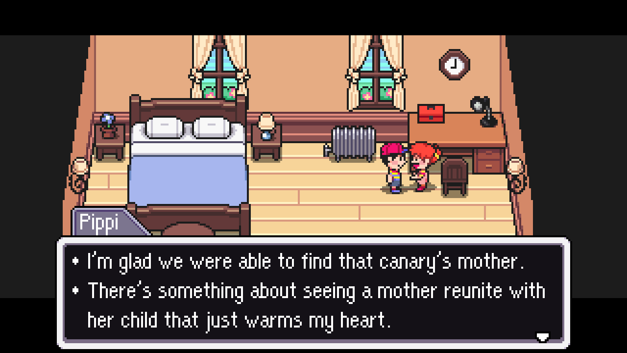 Ninten talking to Pippi in the hallway.
