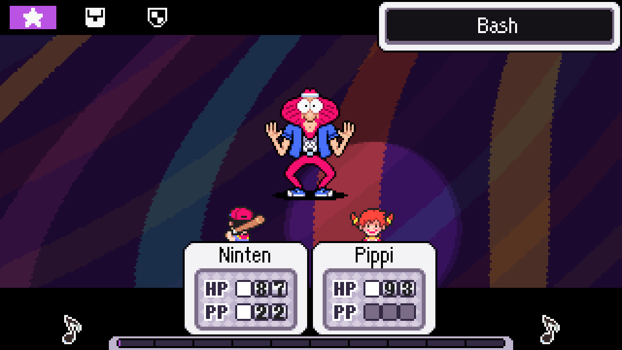 Ninten and Pippi fighting a Hippie. Pippi has an Encore spotlight around her.