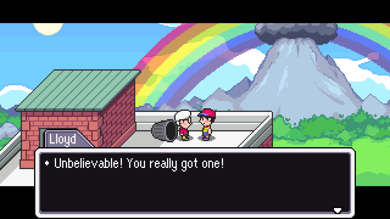 Ninten talking to Lloyd atop Twinkle Elementary school's rooftop. There is a big rainbow in the background.