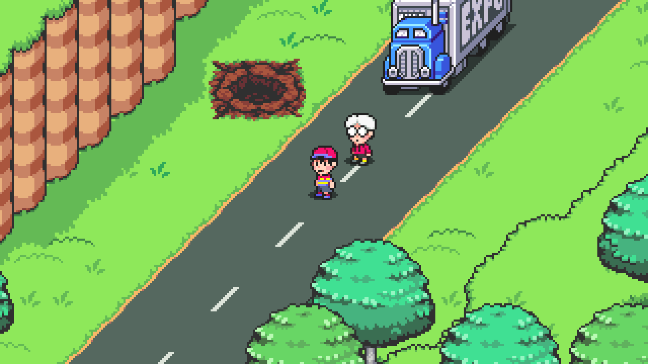 Ninten and Lloyd standing on a highway with a truck enemy behind them.