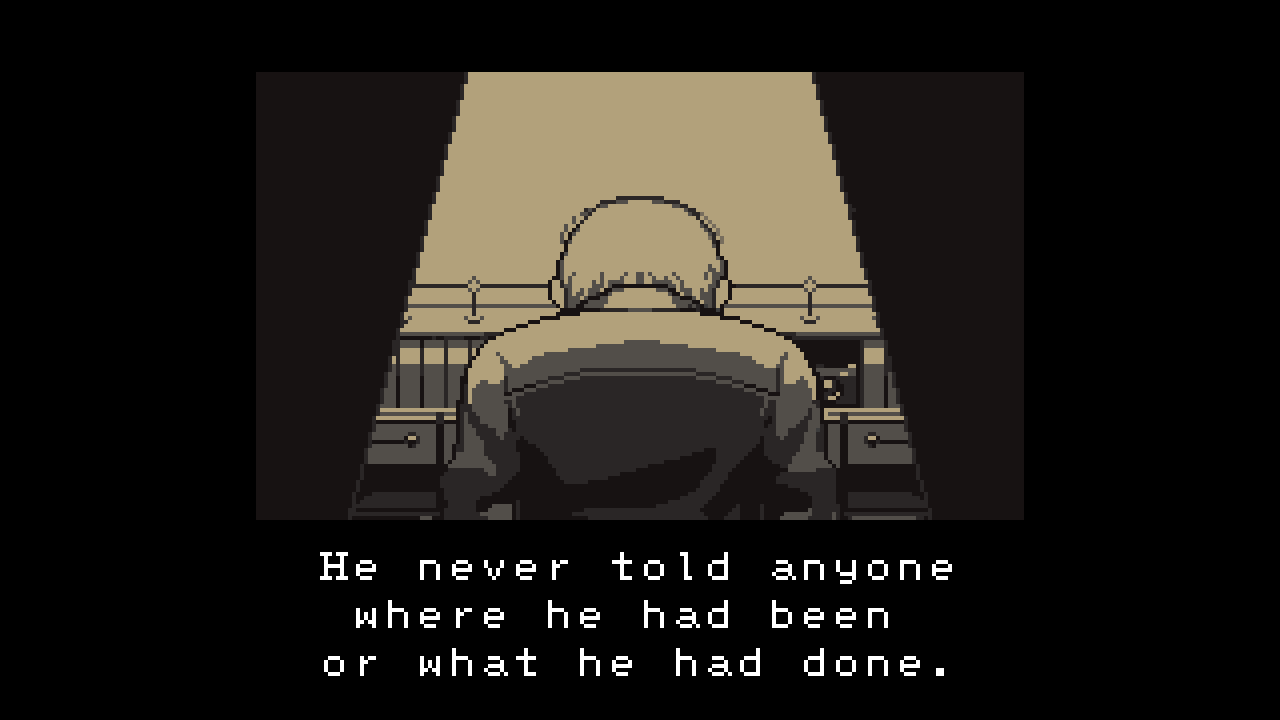 An illustration showing the back of a man with text underneath saying 'He never told anyone where he had been or what he had done.'